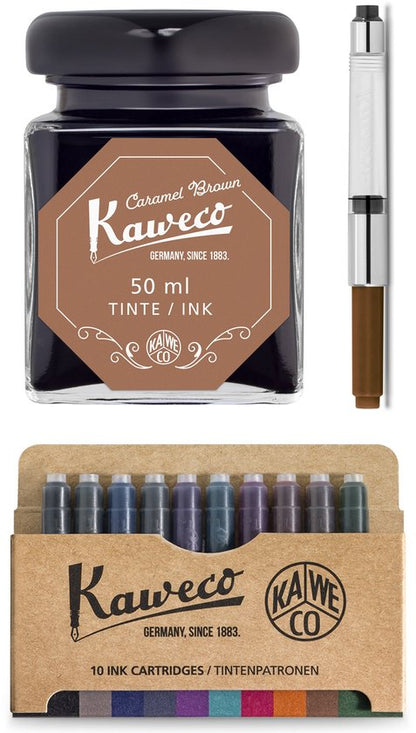 Kaweco - Ink bottle en Standaard Converter - Caramel Brown - potje vulpeninkt - Bruine originele Kaweco-inkt in 50 ml glas - Converter met bruine achterkant - doosje 10 patronen