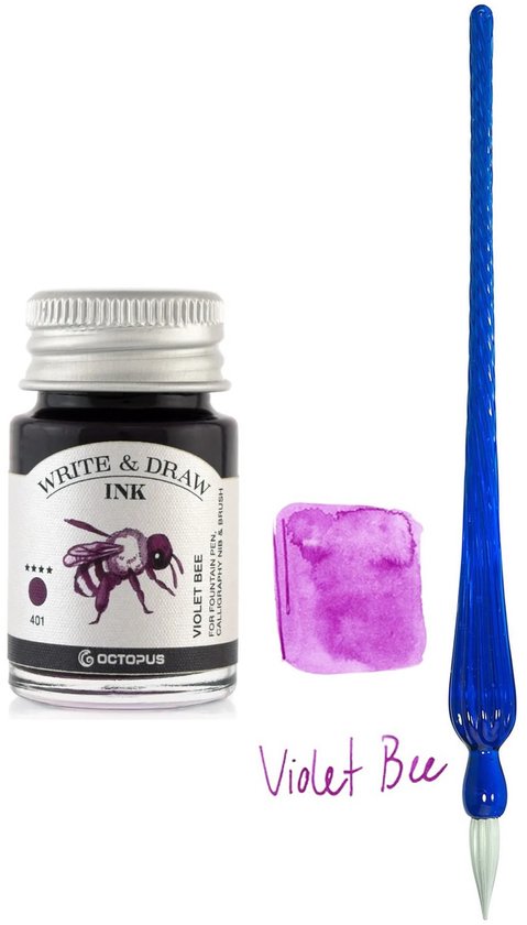 Glazen dip pen set Blauw - Potje Octopus inkt violet bee