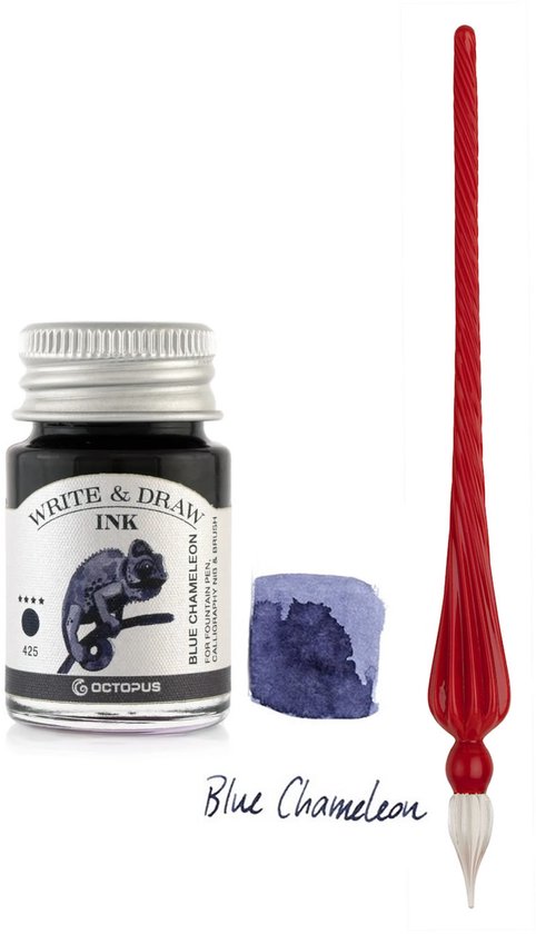 Glazen dip pen set in doosje - Rood - Potje Octopus inkt blauw-blue chameleon