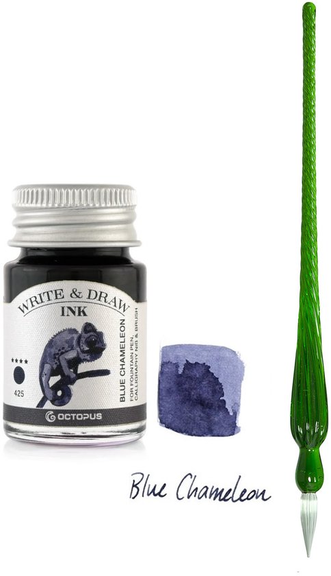 Glazen dip pen set in doosje - Groen - Potje Octopus inkt blauw-blue chameleon