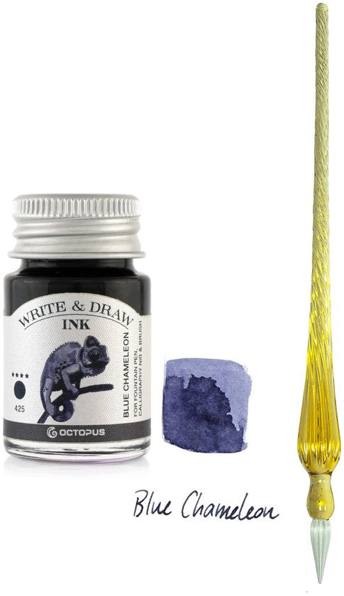 Glazen dip pen set Oranje - Potje Octopus inkt blauw-blue chameleon