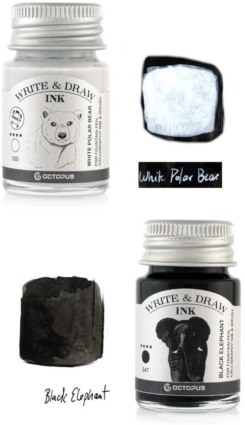 Octopus - Art Material - 2 potjes inkt 10ml - White Polar Bear - Black Elephant