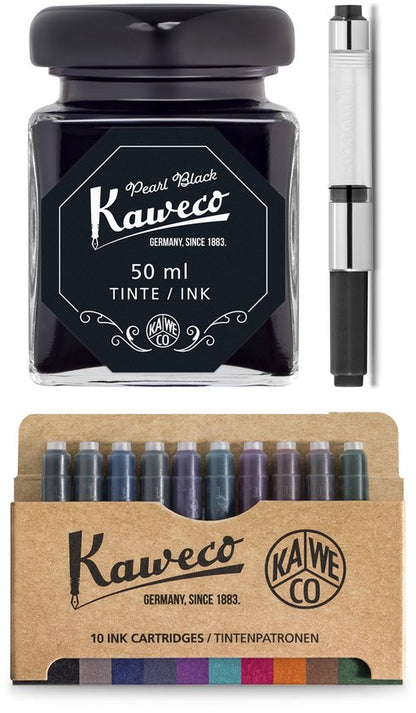 Kaweco - Ink bottle en Standaard Converter - Pearl Black - potje vulpeninkt - Zwarte originele Kaweco-inkt in 50 ml glas - Converter met zwarte achterkant - doosje 10 patronen