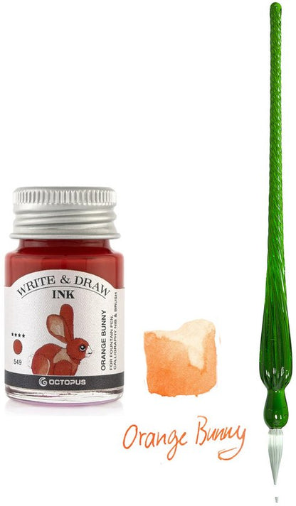 Glazen dip pen set in doosje - Groen - Potje Octopus inkt oranje bunny
