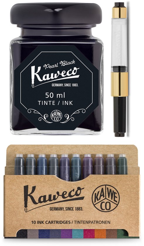 Kaweco - Ink bottle en Standaard Converter - Pearl Black - potje vulpeninkt - Zwarte originele Kaweco-inkt in 50 ml glas - Converter gold met zwarte achterkant - doosje 10 patronen