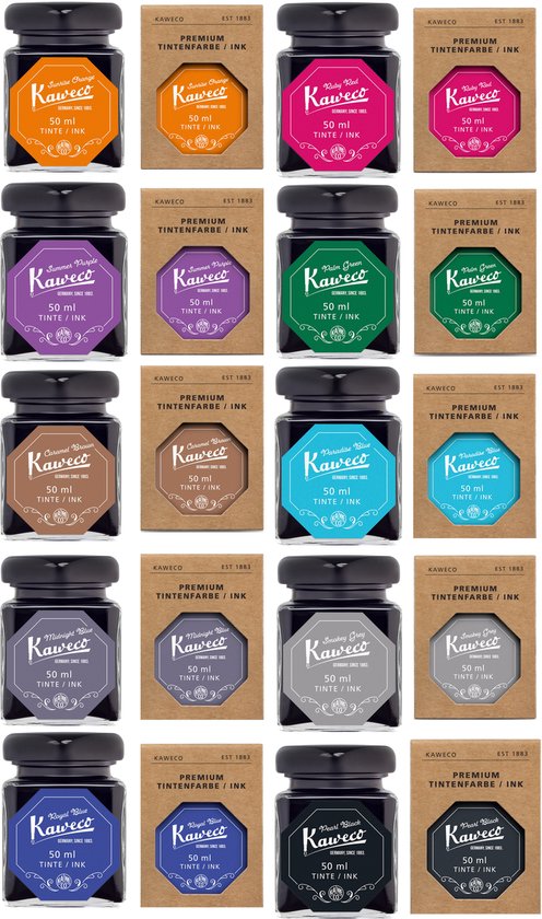 Kaweco - Ink bottle en Standaard Converter - Paradise Blue - potje vulpeninkt - Turkoise originele Kaweco-inkt in 50 ml glas - Converter met turkoise achterkant - doosje 10 patronen