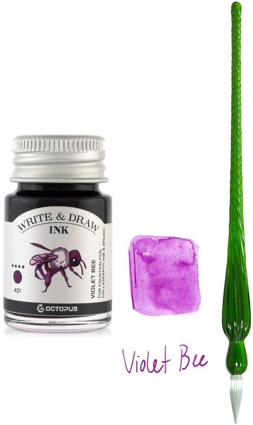 Glazen dip pen set in doosje - Groen - Potje Octopus inkt violet bee