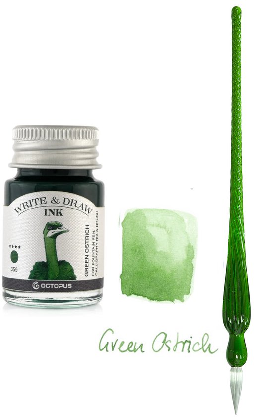 Glazen dip pen set in doosje - Groen - Potje Octopus inkt green ostrich