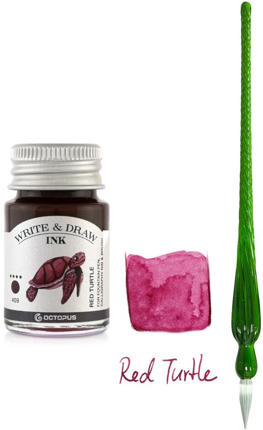 Glazen dip pen set in doosje - Groen - Potje Octopus inkt red turtle
