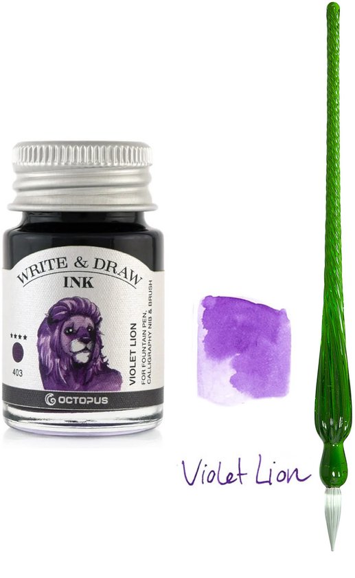 Glazen dip pen set in doosje - Groen - Potje Octopus inkt violet lion
