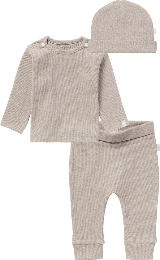 Noppies SET(3delig) Broekje NAURA en Shirt NATAL taupe, met Mutsje Nevel - Maat 56