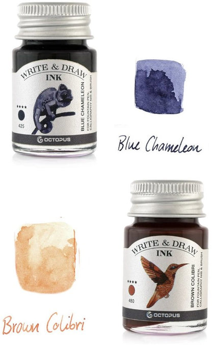 Octopus - Art Material - 2 potjes inkt 10ml - Blue Chameleon - Brown Colibri