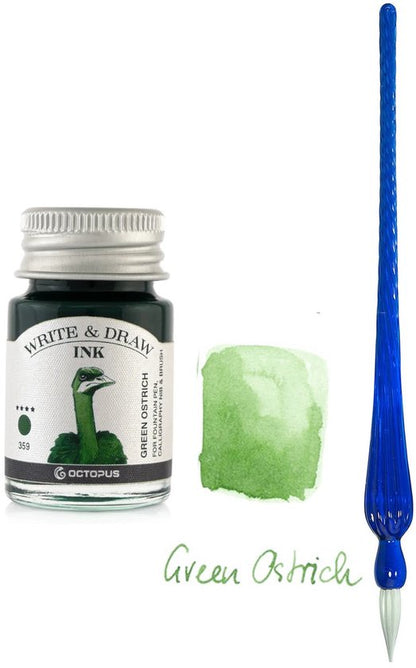 Glazen dip pen set Blauw - Potje Octopus inkt green ostrich