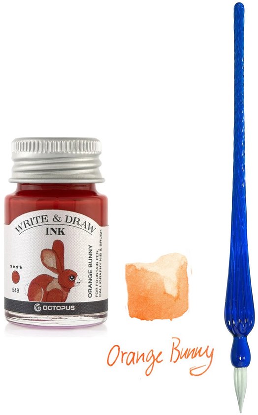 Glazen dip pen set Blauw - Potje Octopus inkt oranje bunny