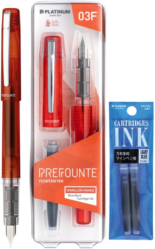 Platinum - Preppy - Prefounte Vulpen - Medium - Vermillion Orange - Met Lichtblauwe vullingen