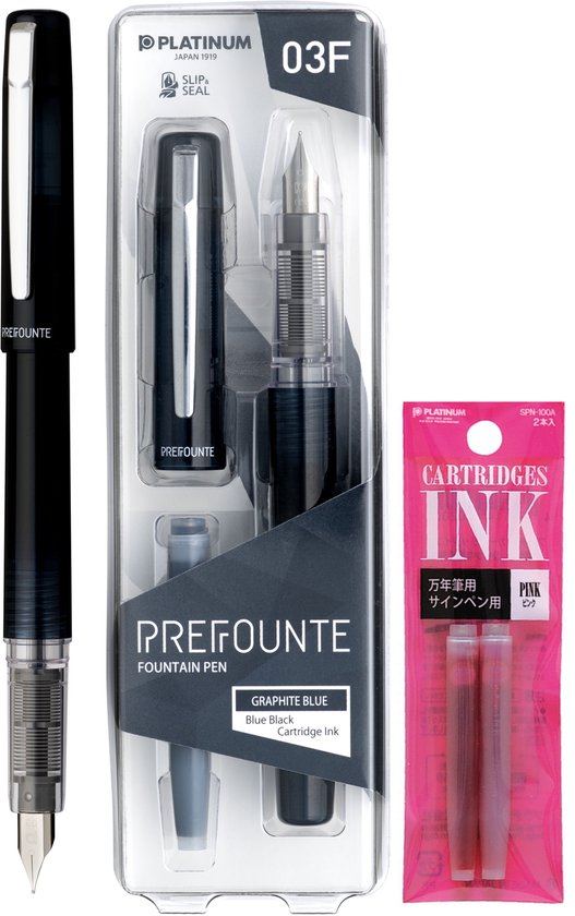Platinum - Preppy - Prefounte Vulpen - Medium - Graphite Blue - Met Roze vullingen