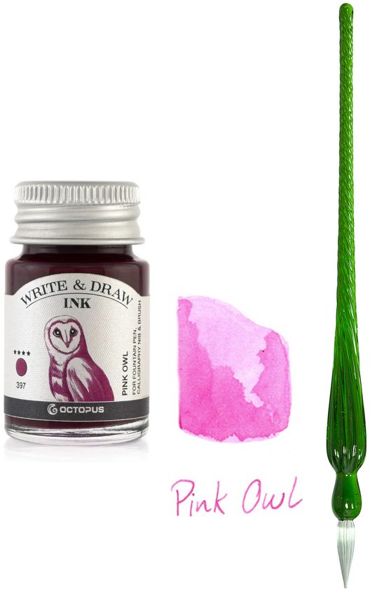 Glazen dip pen set in doosje - Groen - Potje Octopus inkt pink owl