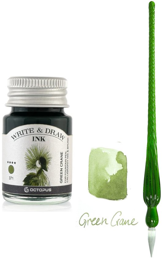 Glazen dip pen set in doosje - Groen - Potje Octopus inkt green crane