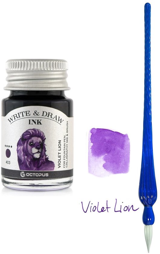 Glazen dip pen set Blauw - Potje Octopus inkt violet lion