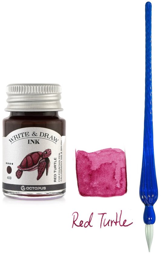Glazen dip pen set Blauw - Potje Octopus inkt red turtle
