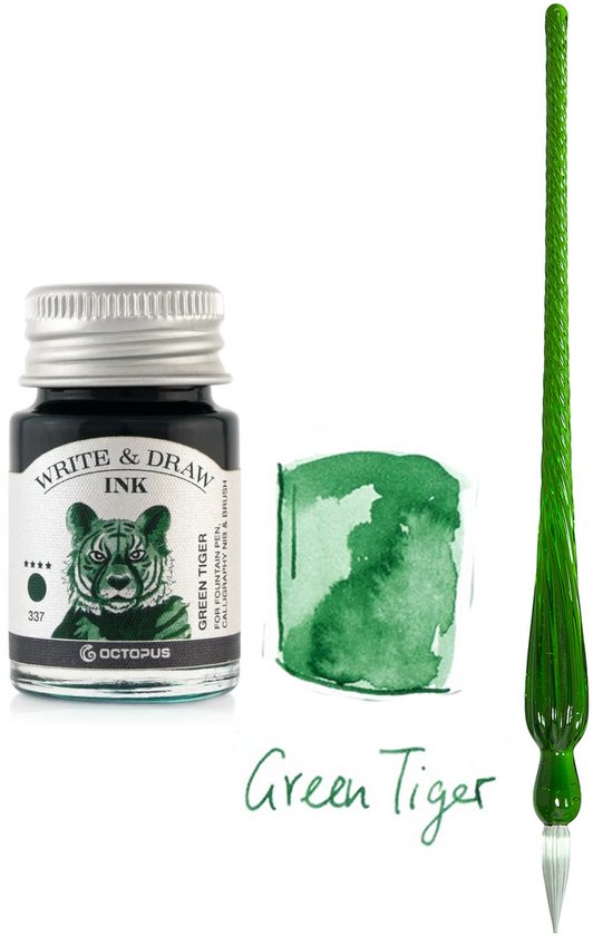 Glazen dip pen set in doosje - Groen - Potje Octopus inkt green tiger