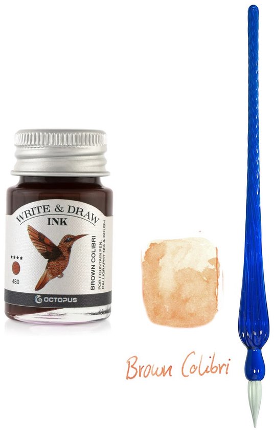 Glazen dip pen set Blauw - Potje Octopus inkt brown colibri