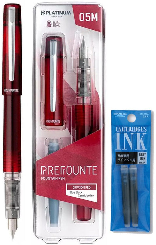 Platinum - Preppy - Prefounte Vulpen - Fine - Crimson Red - Met Lichtblauwe vullingen