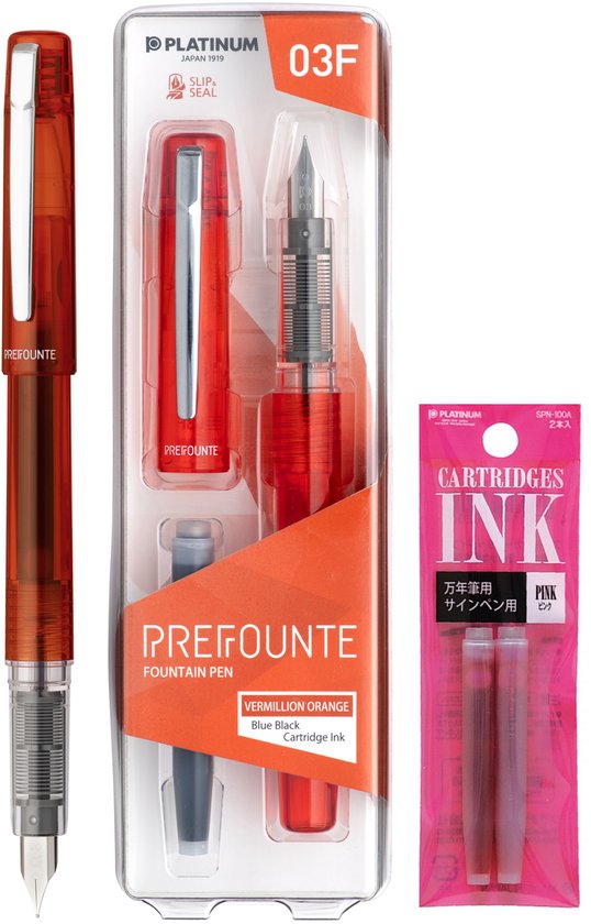 Platinum - Preppy - Prefounte Vulpen - Medium - Vermillion Orange - Met Roze vullingen