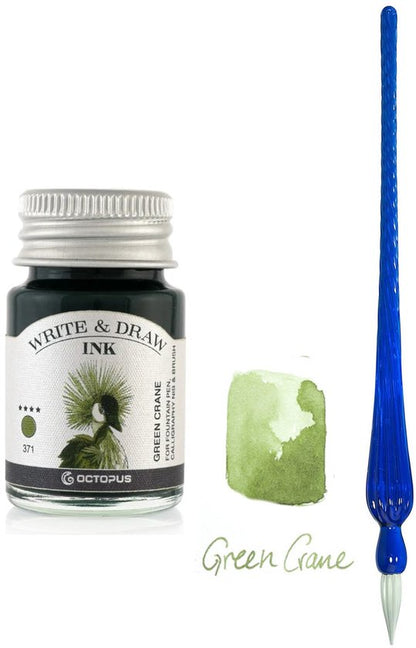 Glazen dip pen set Blauw - Potje Octopus inkt green crane