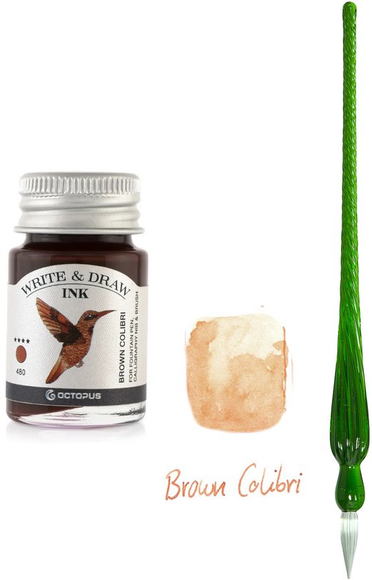 Glazen dip pen set in doosje - Groen - Potje Octopus inkt brown colibri