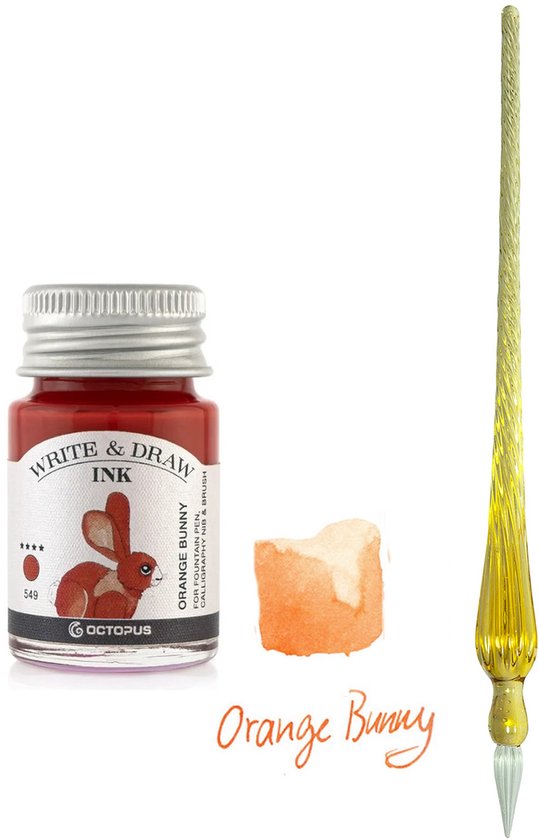 Glazen dip pen set Oranje - Potje Octopus inkt oranje bunny