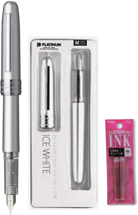Platinum Japan - Plaisir Fountain Pen - Medium - Vulpen - Ice White - penpunt: Medium 05 - Met extra vullingen Roze