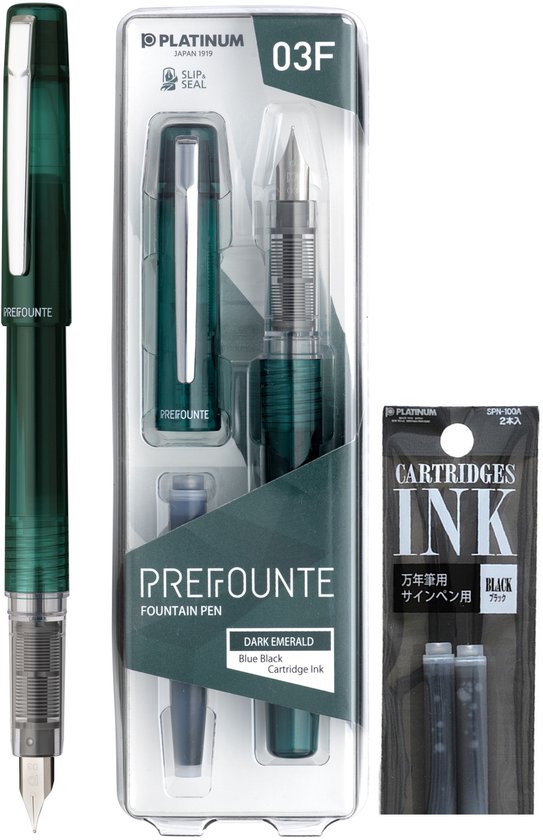 Platinum - Preppy - Prefounte Vulpen - Medium - Dark Emerald - Met vullingen Zwart