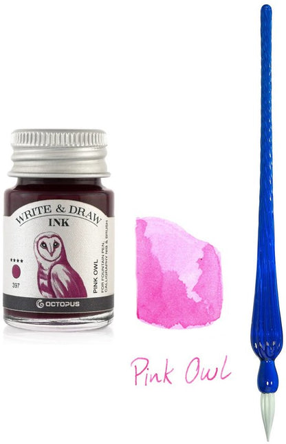 Glazen dip pen set Blauw - Potje Octopus inkt pink owl