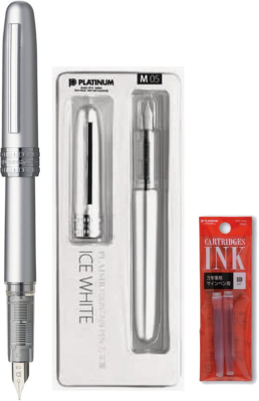 Platinum Japan - Plaisir Fountain Pen - Medium - Vulpen - Ice White - penpunt: Medium 05 - Met extra vullingen Rood