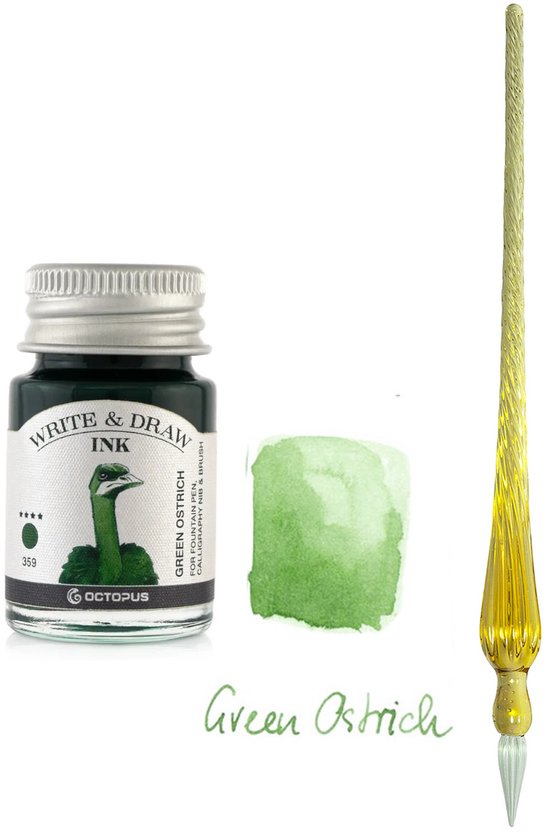 Glazen dip pen set Oranje - Potje Octopus inkt green ostrich