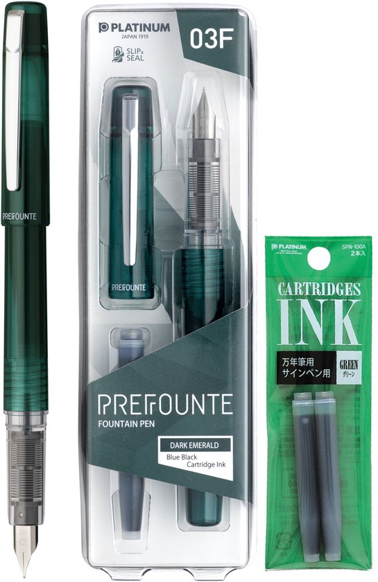 Platinum - Preppy - Prefounte Vulpen - Fine - Dark Emerald - Met Groene vullingen