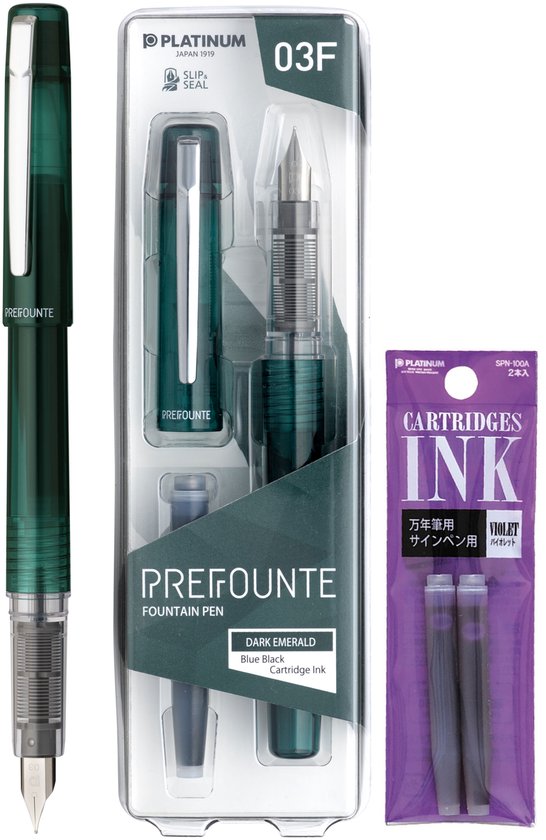 Platinum - Preppy - Prefounte Vulpen - Medium - Dark Emerald - Met Paarse vullingen