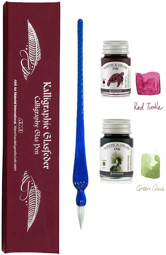 Octopus - Art Material - Glaspen Blauw - 2 Potjes inkt 10ml - Red Turtle - Green Crane