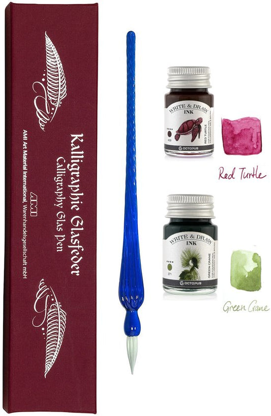 Octopus - Art Material - Glaspen Blauw - 2 Potjes inkt 10ml - Red Turtle - Green Crane