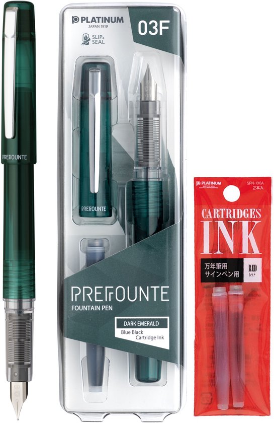 Platinum - Preppy - Prefounte Vulpen - Medium - Dark Emerald - Met Rode vullingen