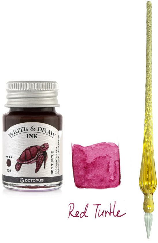 Glazen dip pen set Oranje - Potje Octopus inkt red turtle