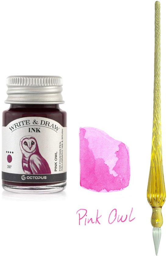 Glazen dip pen set Oranje - Potje Octopus inkt pink owl