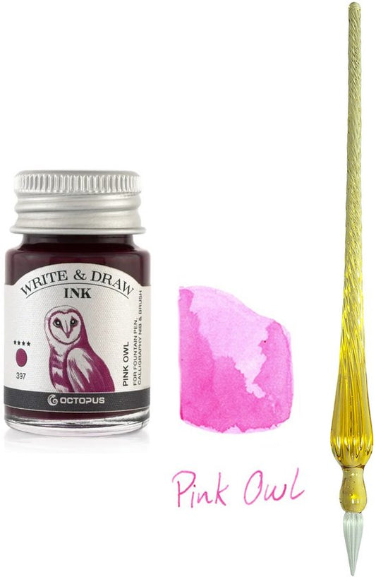 Glazen dip pen set Oranje - Potje Octopus inkt pink owl