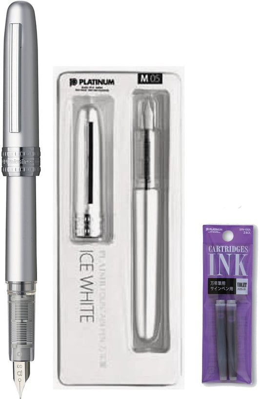 Platinum Japan - Plaisir Fountain Pen - FIJN - Vulpen - Ice White - penpunt: fijn 03 - Met extra navullingen Paars
