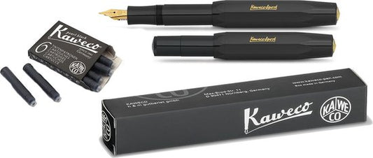 Kaweco Vulpen Sport Classic Black Fountain Vulpen (Breed) met vullingen en boekenlegger