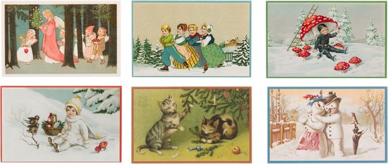 Nostalgische kerstkaarten - 6 stuks - Klassieke Vintage afbeeldingen - Winter - Sneeuw - Feestelijk - Jaarwisseling - Oude Brocante kerstkaarten