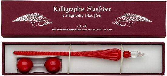 Glazen dip pen set in doosje - Rood - Potje Octopus inkt pink rhino