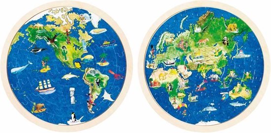 GOKI Puzzel - Wereldbol - 57 Stukjes - Tweezijdig - Hout - 6 Jaar