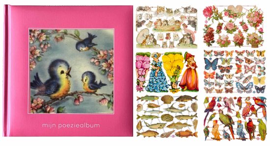 Poëziealbum - 16x16 - S3 - Paars - Vogels - met 6 vellen Poëzieplaatjes